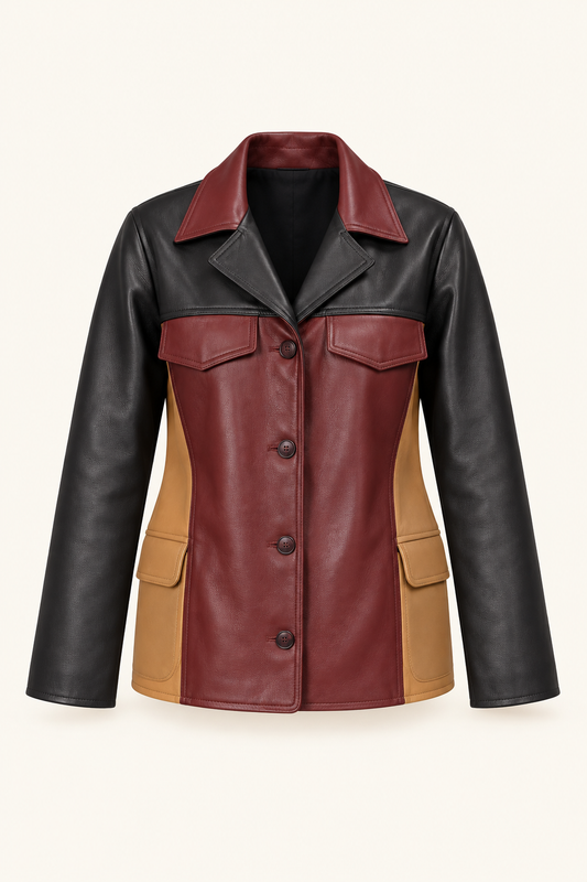 contrast leather jacket, product-only front view