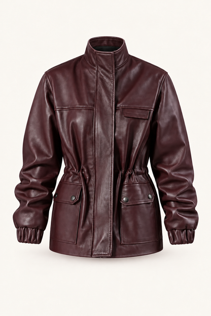 raye burgundy jacket, product-only front view